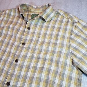 TOMMY BAHAMA Men's Medium Yellow/Gray 100% Silk Camp Summer Beach SS Shirt
